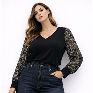 Love Scarlett Black Lace Sleeve Blouse 3/4 Sleeve V-Neck Size XL